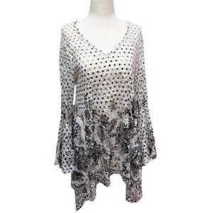 Whimsigoth White and‎ Black Polka Dot Floral Pattern Mesh Bell Sleeves Blouse